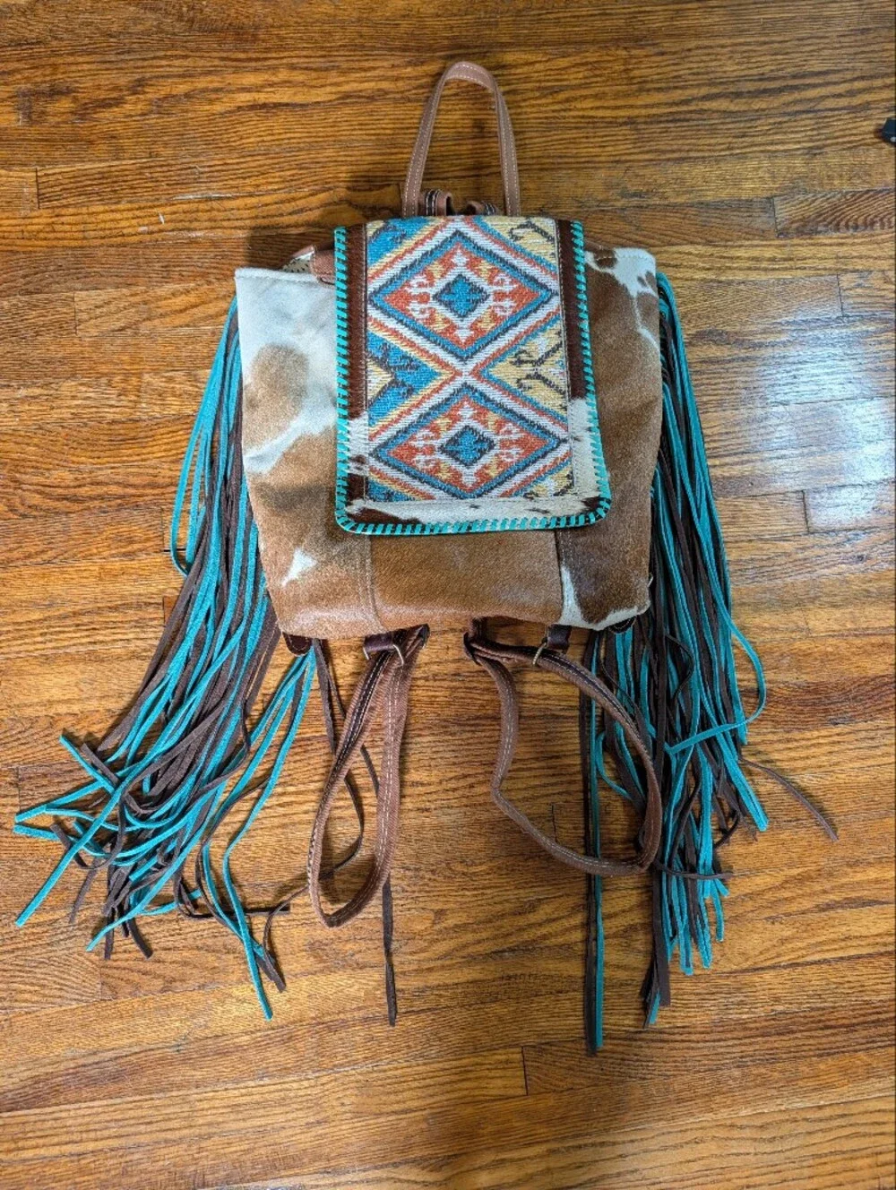 Myra Bag Brown and Turquoise Fringe Southwestern Backpack
